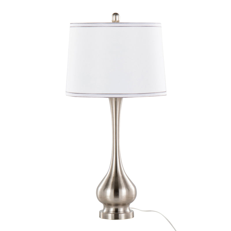 Pair of Lumi Source Cairo contemporary table lamps with nickel and white finishes, silver trim, and modern design.
