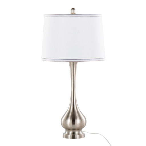 Pair of Lumi Source Cairo contemporary table lamps with nickel and white finishes, silver trim, and modern design.