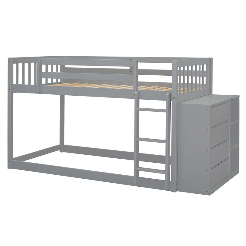 DreamHaus bunk bed with built-in four drawers and three shelves, featuring a sturdy wood frame and space-saving design.