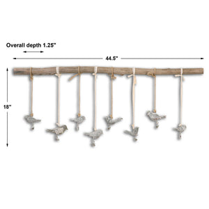 Light brown Birds On A Branch wall art decor by Uttermost featuring detailed bird illustrations on a natural branch.