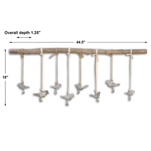 Light brown Birds On A Branch wall art decor by Uttermost featuring detailed bird illustrations on a natural branch.