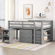 DreamHaus loft low study bed with integrated cabinet, shelves, and rolling desk, showcasing multifunctional design and compact space-saving features.
