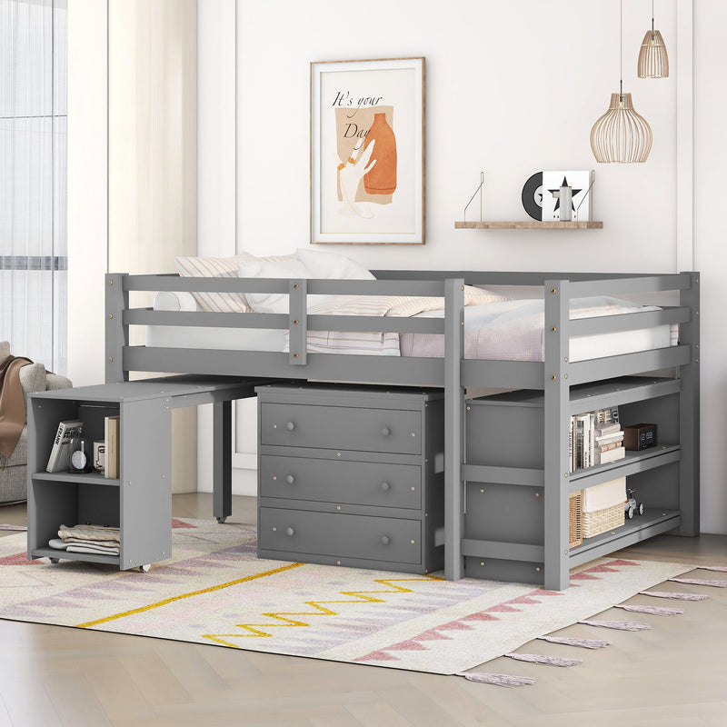 DreamHaus loft low study bed with integrated cabinet, shelves, and rolling desk, showcasing multifunctional design and compact space-saving features.