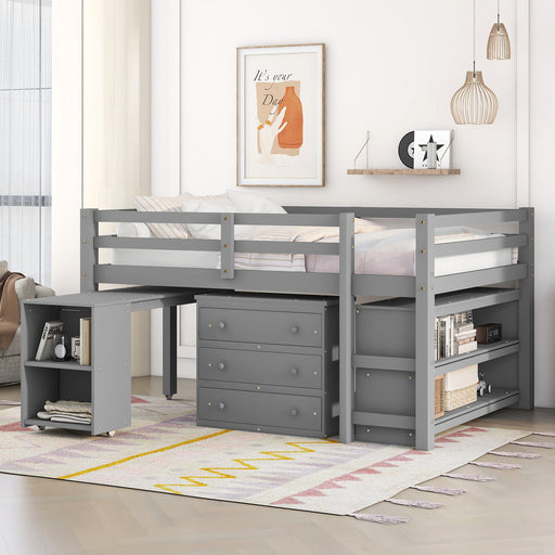 DreamHaus loft low study bed with integrated cabinet, shelves, and rolling desk, showcasing multifunctional design and compact space-saving features.