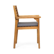 Set of two Noble House outdoor dining chairs with gray slat back and acacia wood frames, ideal for patio or garden seating.
