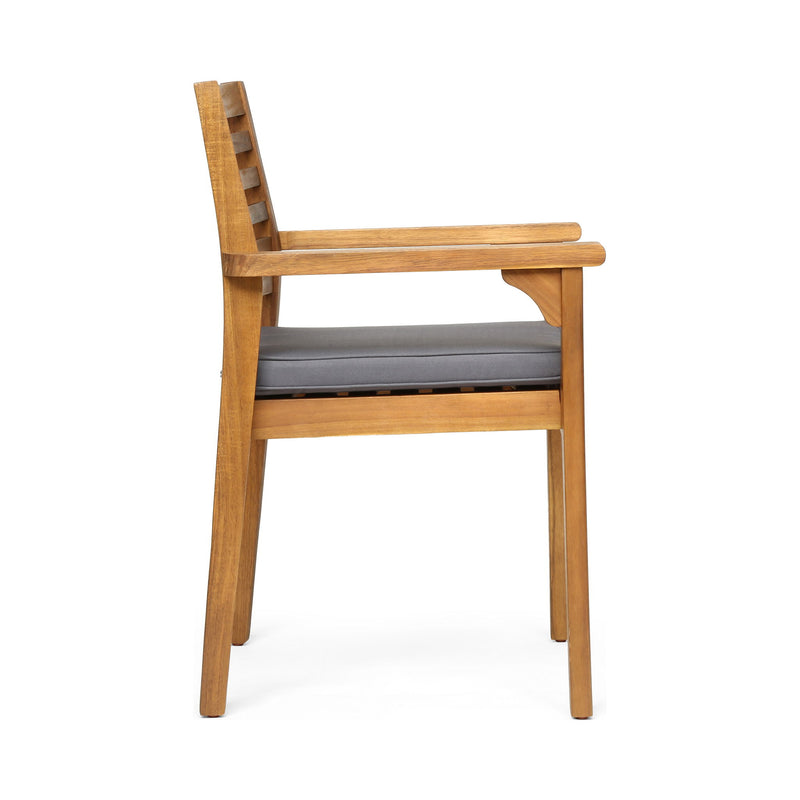 Set of two Noble House outdoor dining chairs with gray slat back and acacia wood frames, ideal for patio or garden seating.