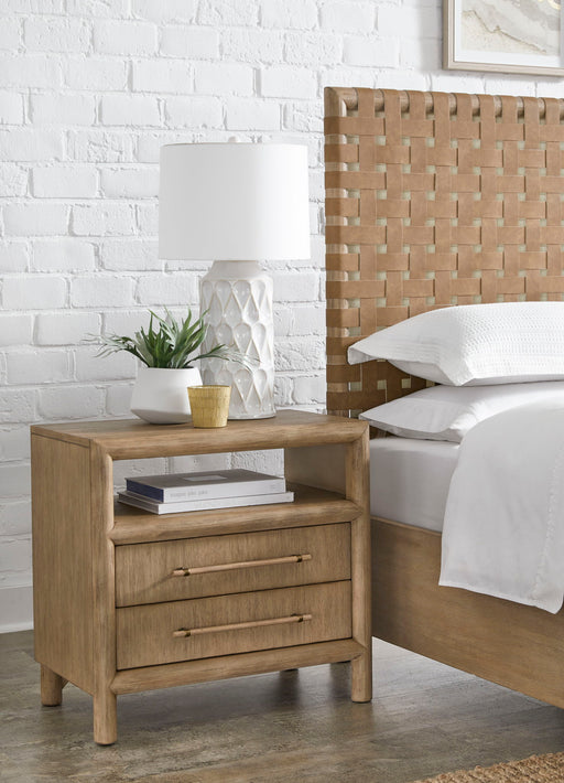 Modus Dorsey two-drawer USB-charging nightstand in Granola finish, showing sleek wood surface and built-in charging ports.