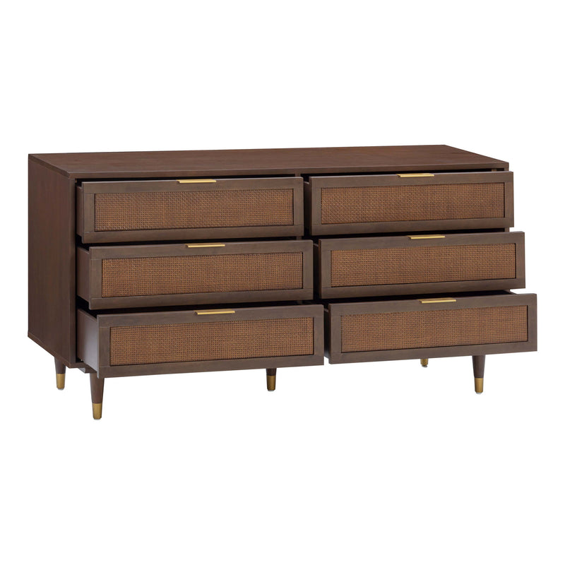 TOV Furniture Sierra 6-drawer dresser with sleek modern design and wood finish, featuring metal handles and spacious storage drawers.