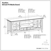 Simpli-Home Acadian TV media stand with open shelves and storage compartments, crafted from wood in a rustic finish.