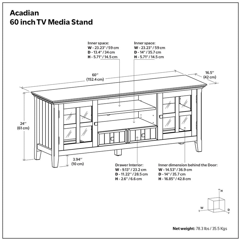 Simpli-Home Acadian TV media stand with open shelves and storage compartments, crafted from wood in a rustic finish.