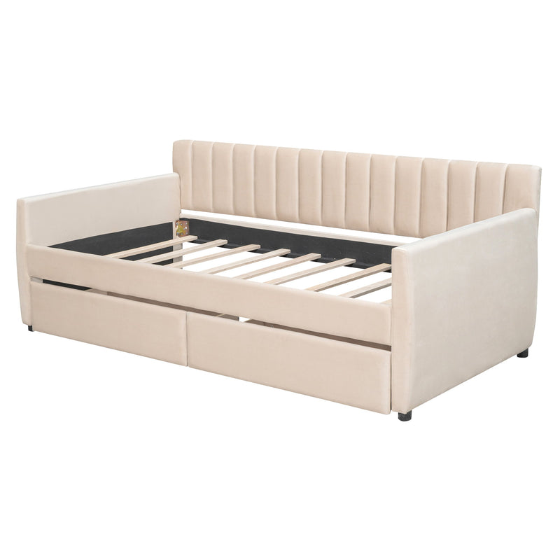 DreamHaus upholstered daybed with slat support, featuring a storage bed design and plush fabric for comfortable lounging and organization.