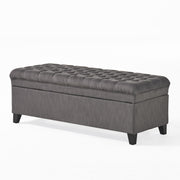 Juliana storage ottoman by Noble House with birch wood legs, upholstered in soft fabric, showing a cushioned top and interior storage space.