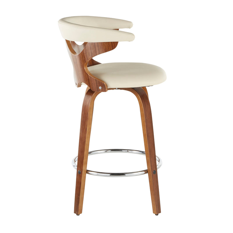 Lumi Source Gardenia mid-century modern counter stool set of 2 with wooden legs and upholstered seats for kitchen or bar area.