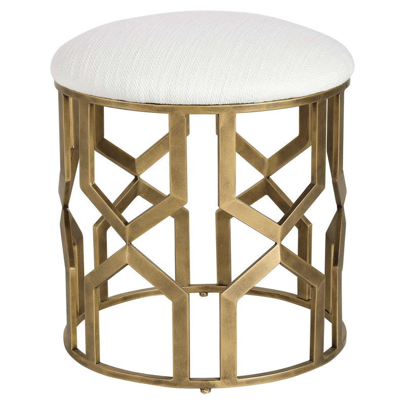 White and gold geometric accent stool by Uttermost featuring a modern, openwork design perfect for stylish home decor.
