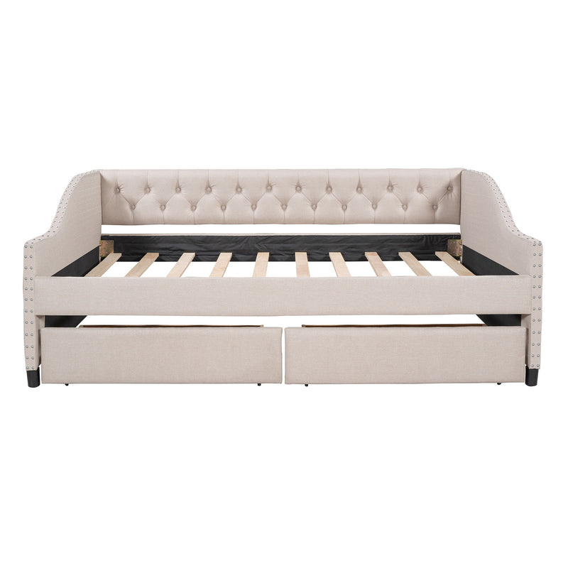DreamHaus upholstered storage daybed with two drawers and wood slat support, showcasing a modern design with soft fabric upholstery.