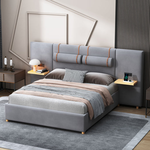 Upholstered Platform Bed, 2 Outlets And USB Charging Ports On Both Sides, 2 Bedside Pillows, Storage Shelves - R&R Furniture Gallery (Fountain Valley, CA)