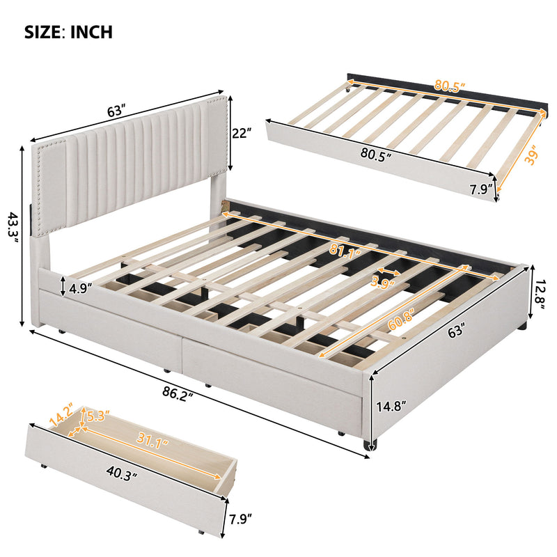 Upholstered Platform Bed With Drawers, Classic Headboard Design - R&R Furniture Gallery (Fountain Valley, CA)
