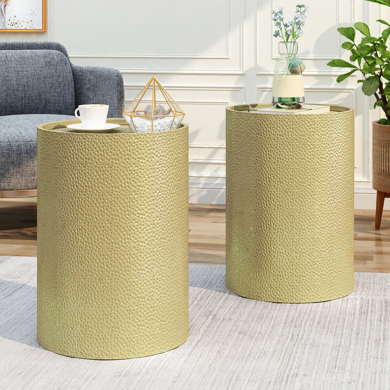 Noble House modern round accent table with hammered surface, featuring a sleek metal design and contemporary style.