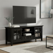 Simpli-Home Acadian TV media stand with open shelves and storage compartments, crafted in a rustic wood finish.