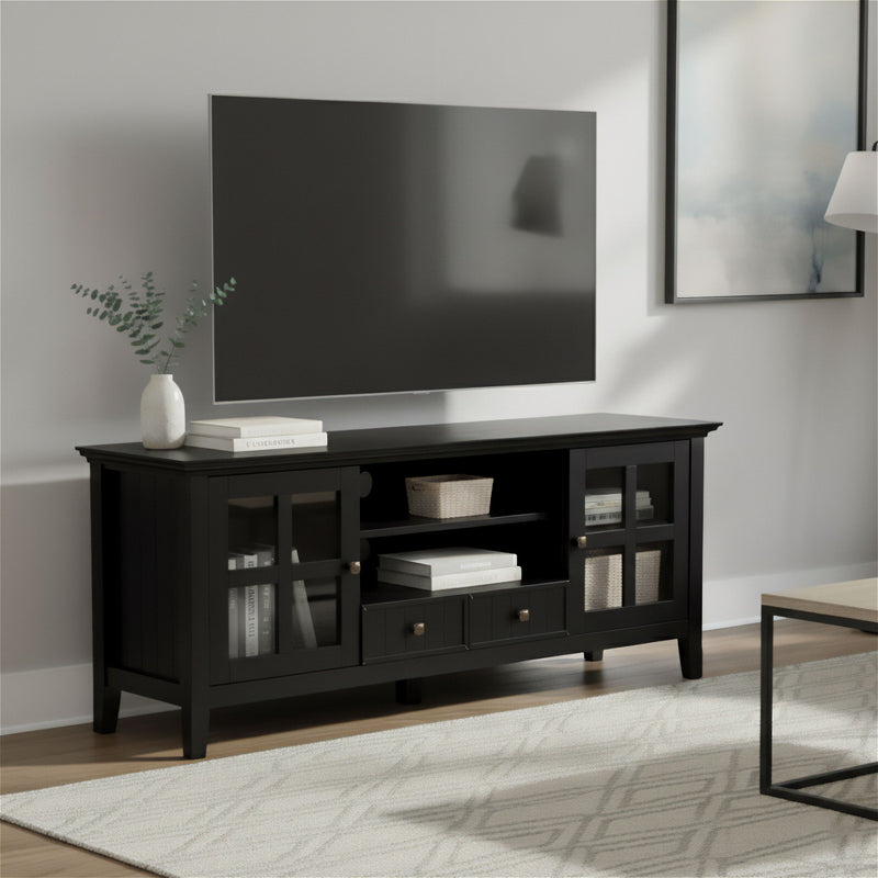 Simpli-Home Acadian TV media stand with open shelves and storage compartments, crafted in a rustic wood finish.