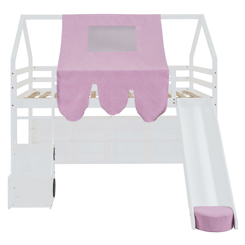 DreamHaus loft bed with house-shaped frame and attached tent, ideal for kids’ bedrooms, featuring a cozy, playful design.