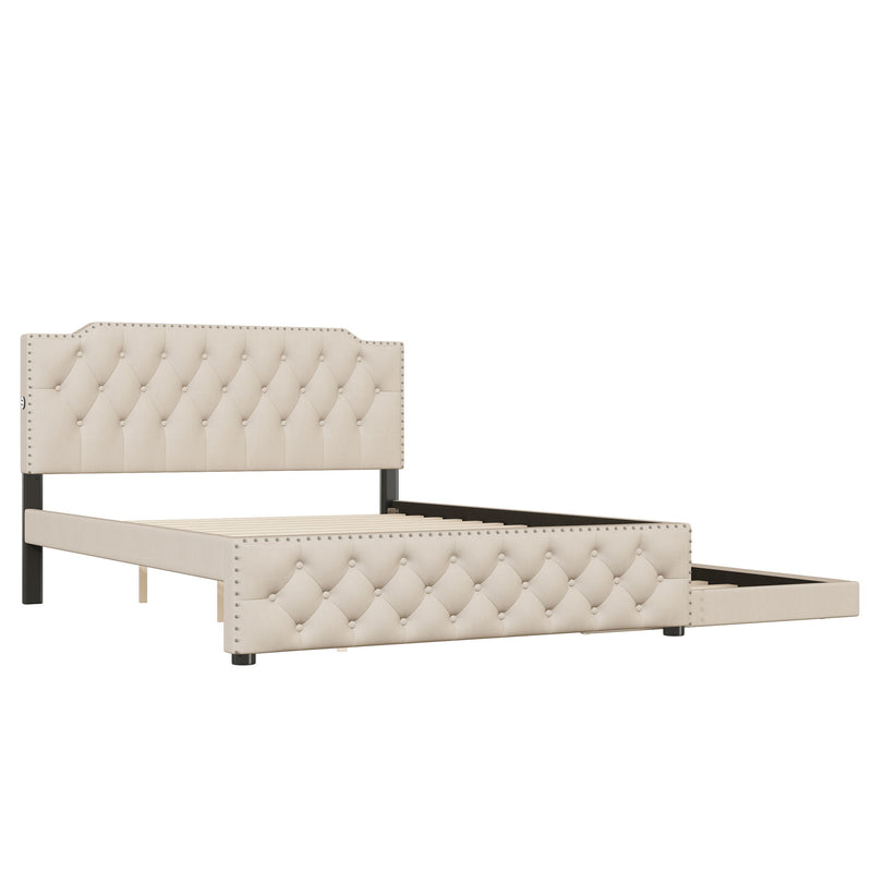 Upholstered Platform Bed With Trundle And 2 Sets Of USB Ports On Each Side, Fabric - R&R Furniture Gallery (Fountain Valley, CA)