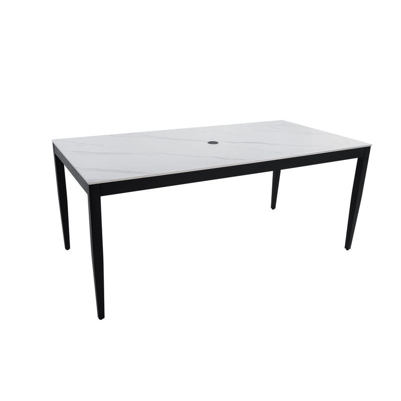 Modern outdoor patio dining table by Life Outside with tapered legs, weatherproof, rust-free surface for outdoor dining.