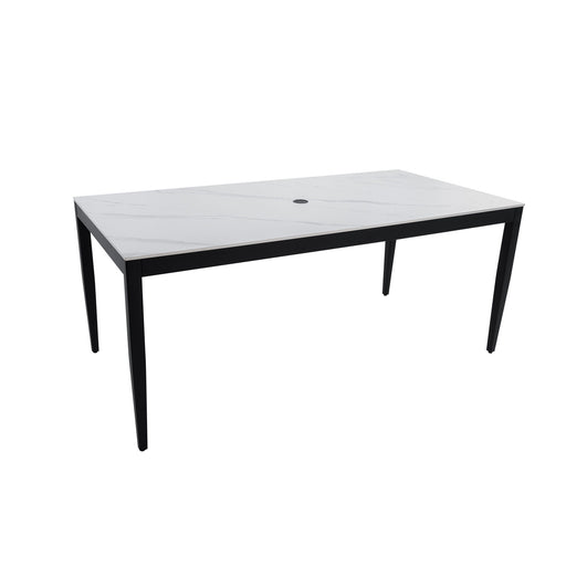 Modern outdoor patio dining table by Life Outside with tapered legs, weatherproof, rust-free surface for outdoor dining.