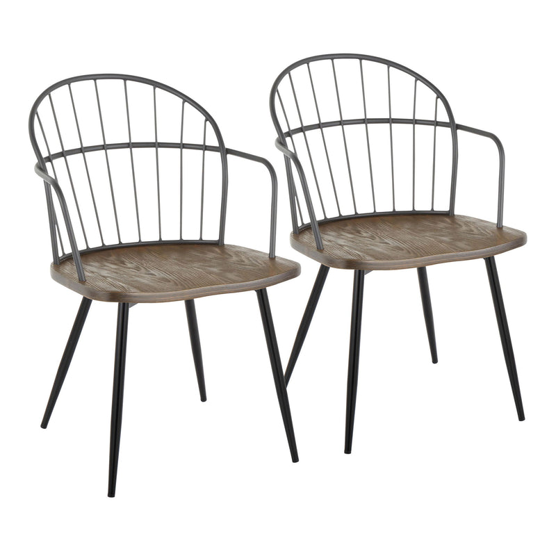 Two Lumi Source Riley Farmhouse Arm Chairs with wooden legs and cushioned seats, showcasing a rustic and cozy design.