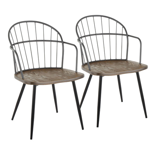 Two Lumi Source Riley Farmhouse Arm Chairs with wooden legs and cushioned seats, showcasing a rustic and cozy design.