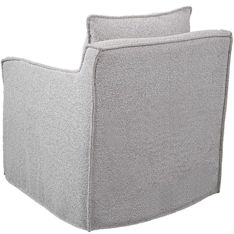 Gray Welland swivel chair by Uttermost featuring a modern design with a cushioned seat and metal base on casters.
