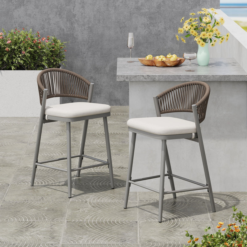 Outdoor 26" Counter Height Metal Frame Counter Stools With Scallop Shaped Backrest & Water Resistant Cushions - R&R Furniture Gallery (Fountain Valley, CA)