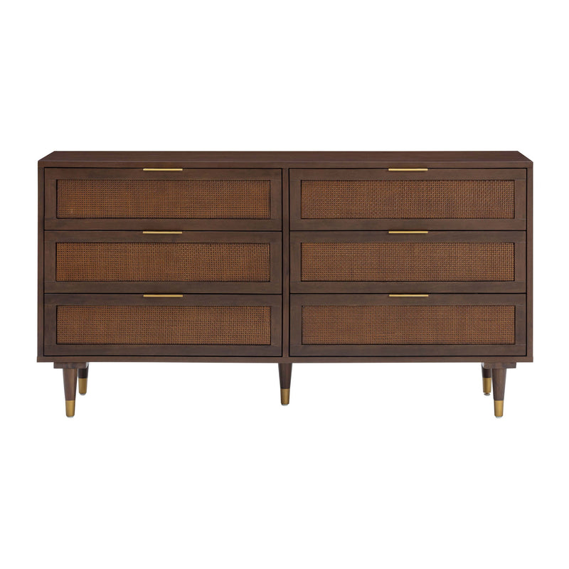 TOV Furniture Sierra 6 Drawer Dresser with sleek wood finish and modern metal handles, showcasing spacious storage drawers.