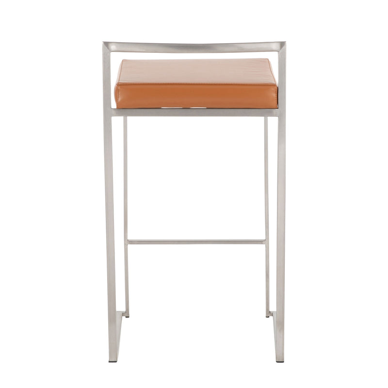 Set of three Lumi Source Fuji contemporary elegant stackable counter stools with sleek modern design and wooden legs.