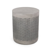 Round concrete outdoor end table by Noble House with a natural finish, lightweight design, perfect for patio or garden use.