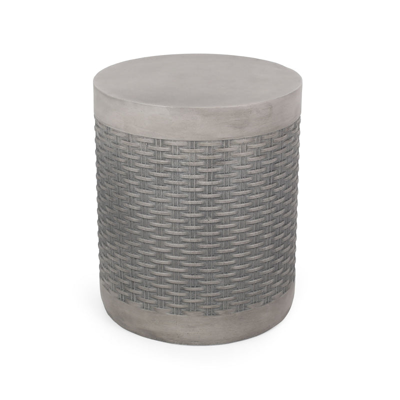 Round concrete outdoor end table by Noble House with a natural finish, lightweight design, perfect for patio or garden use.