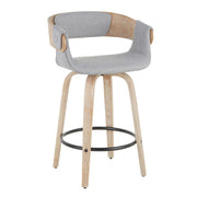 Lumi Source Elisa farmhouse counter stool set with white washed and gray finish, featuring wooden legs and comfortable seats.