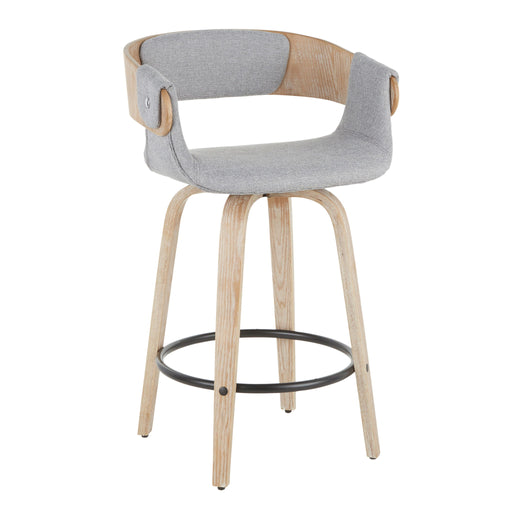Lumi Source Elisa farmhouse counter stool set with white washed and gray finish, featuring wooden legs and comfortable seats.