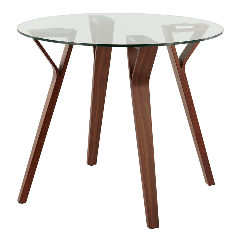 Lumi Source Folia mid-century modern round walnut dining table with clear glass top, stylish and sleek for contemporary dining rooms.