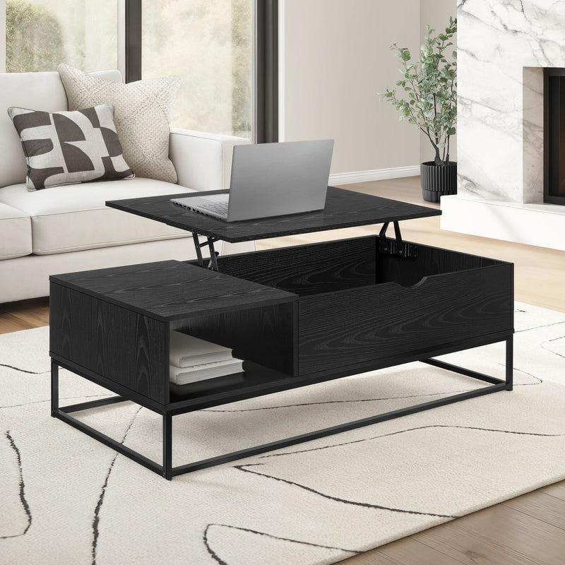 Black 8th Street coffee table with lift top and storage, modern living room accent piece with sleek design