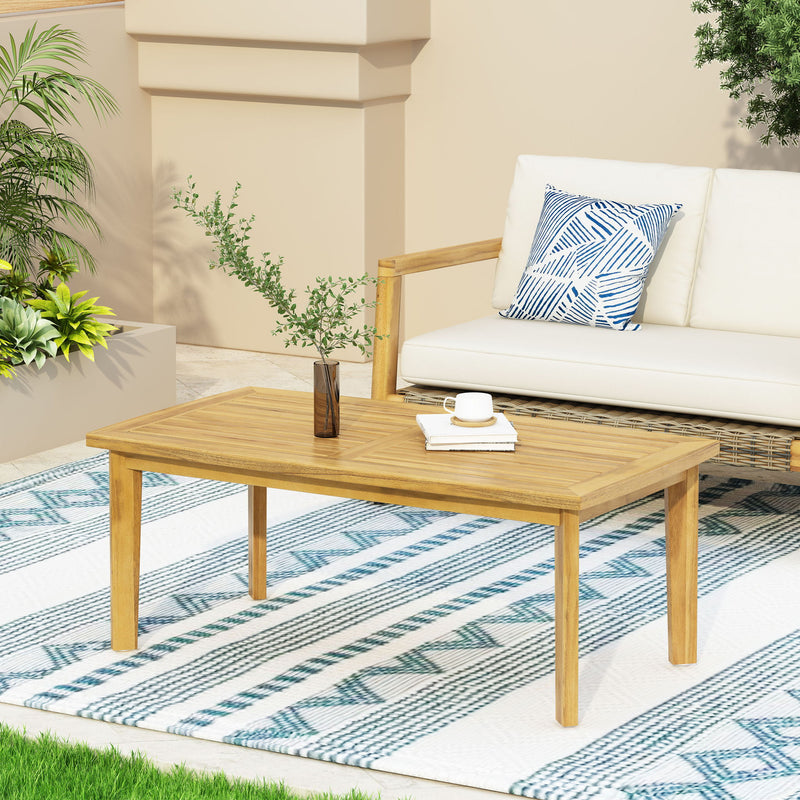 Brown outdoor rectangular coffee table by Noble House, featuring a sturdy wooden design for patio or garden use.
