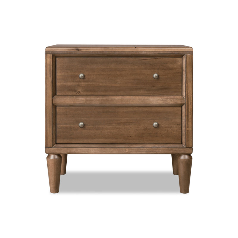 Modus Langley 2-drawer nightstand with center metal handle, standalone bedroom furniture, natural wood finish.