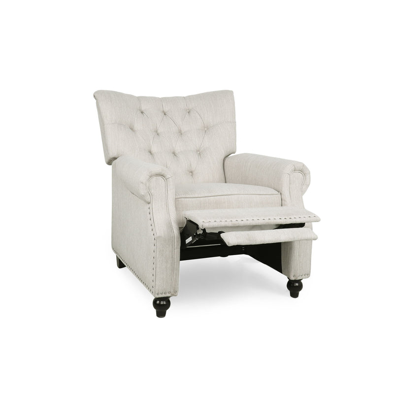 Noble House Welch contemporary tufted recliner with pushback design, upholstered in soft fabric for comfortable seating.