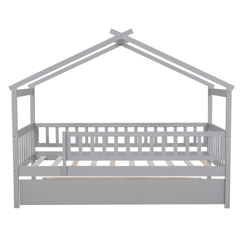 DreamHaus Creativity House Bed with twin-size trundle, featuring a playful house design and a pull-out bed for extra sleeping space.