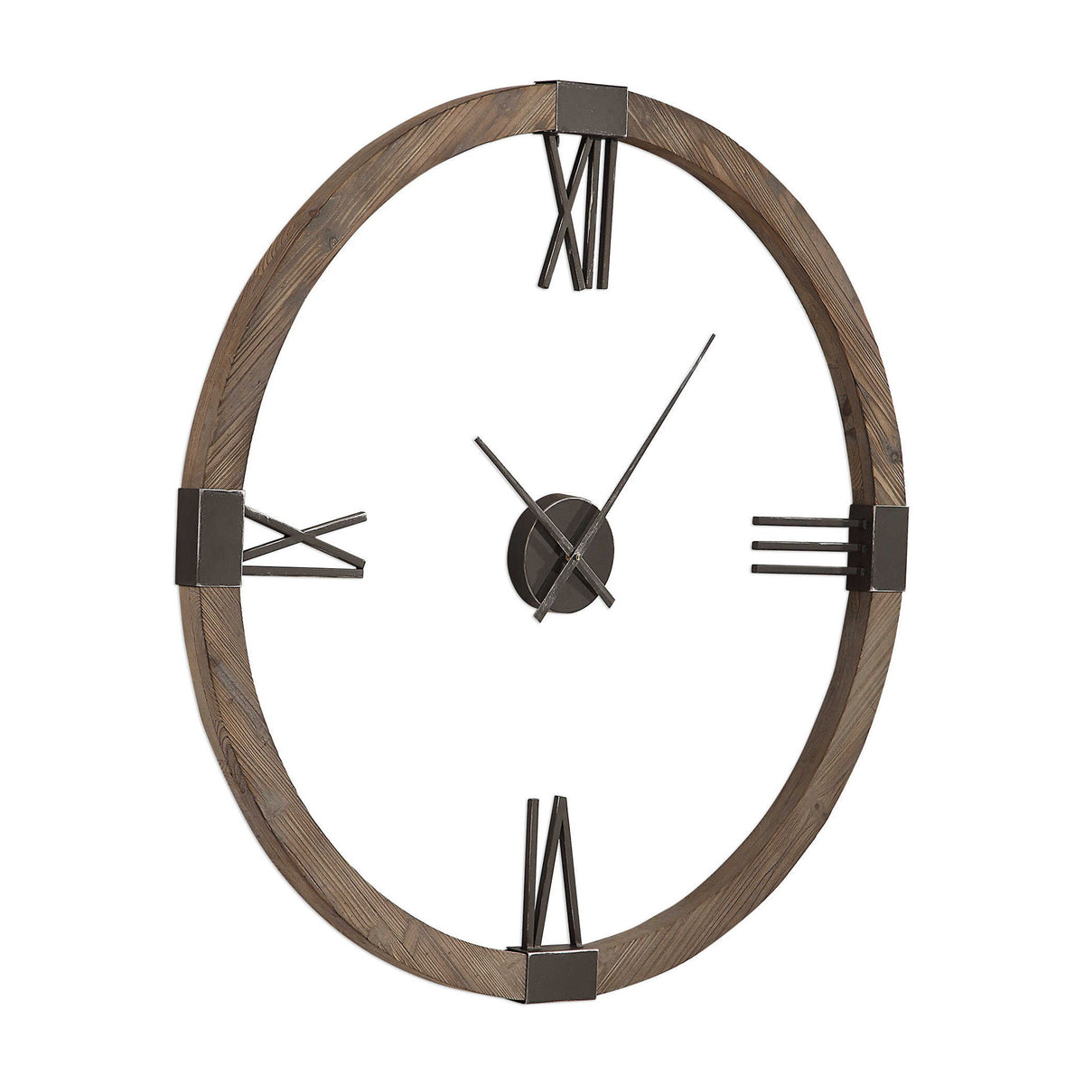 Modern Uttermost Marcelo wall clock with light brown wooden finish and minimalist design, hanging on a wall.