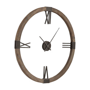 Modern Uttermost Marcelo wall clock with light brown wooden finish and minimalist design, hanging on a wall.