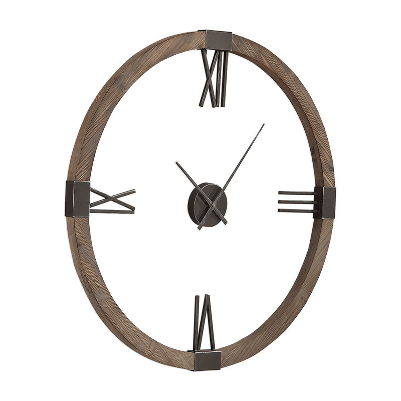 Modern Uttermost Marcelo wall clock with light brown wooden finish and minimalist design, hanging on a wall.