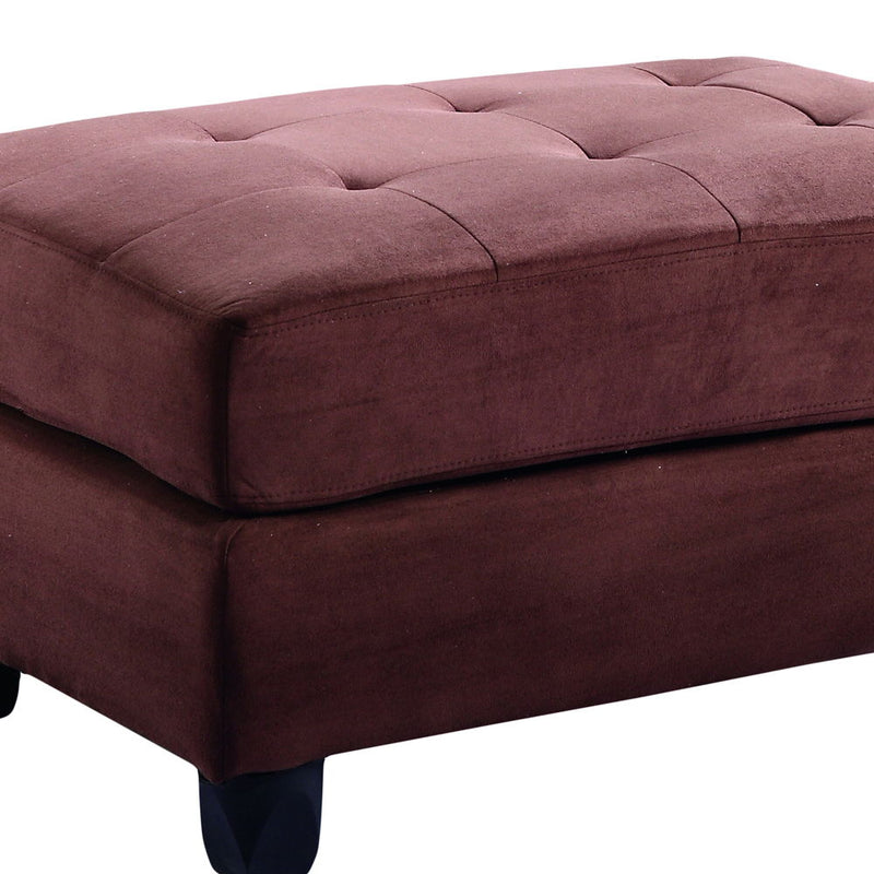 Contemporary upholstered ottoman by Glory Furniture with a plush fabric top and sleek wooden legs, modern home decor piece.