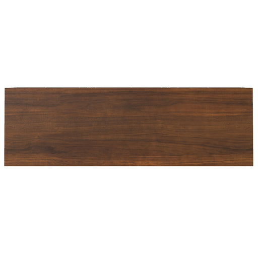 Natural walnut Banting 3-door sideboard buffet with adjustable shelves by Simpli-Home, featuring sleek modern design and ample storage.