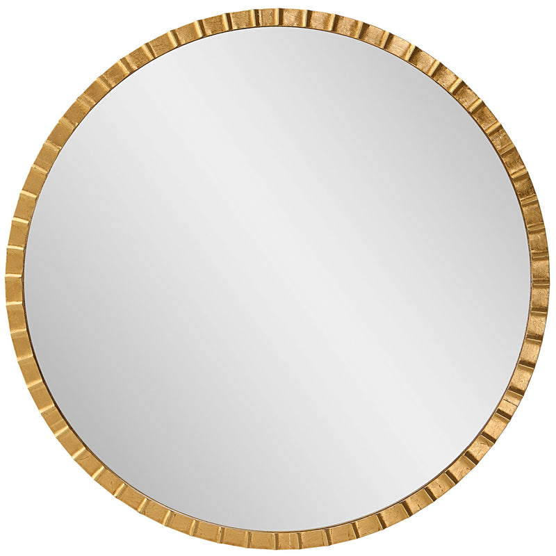 Round industrial wall mirror by Uttermost, Dandridge design with a metal frame, reflecting a modern, vintage-inspired decor style.